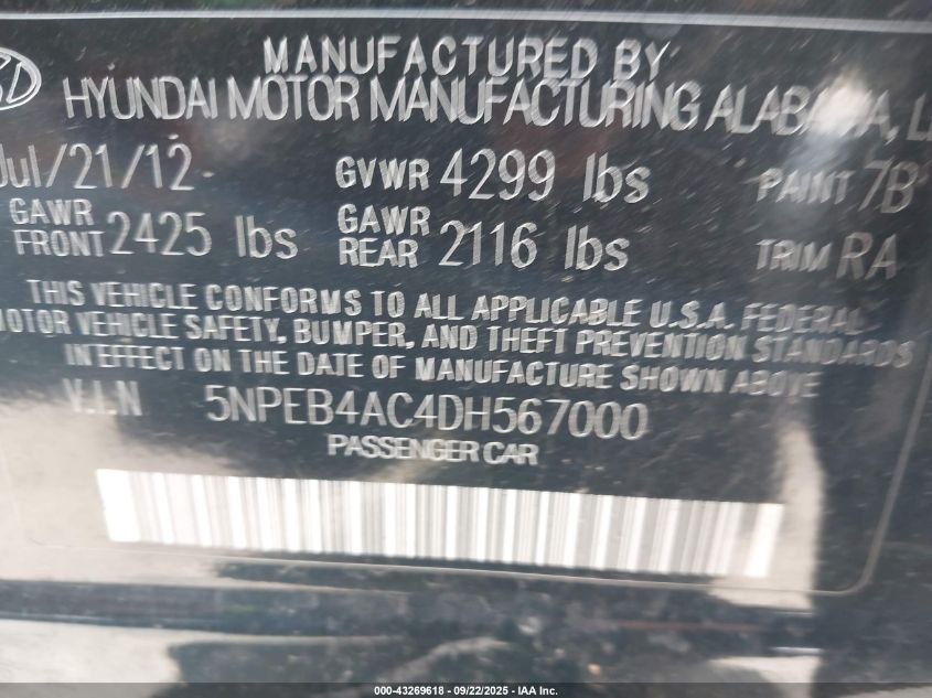 2013 Hyundai Sonata Gls VIN: 5NPEB4AC4DH567000 Lot: 43269618