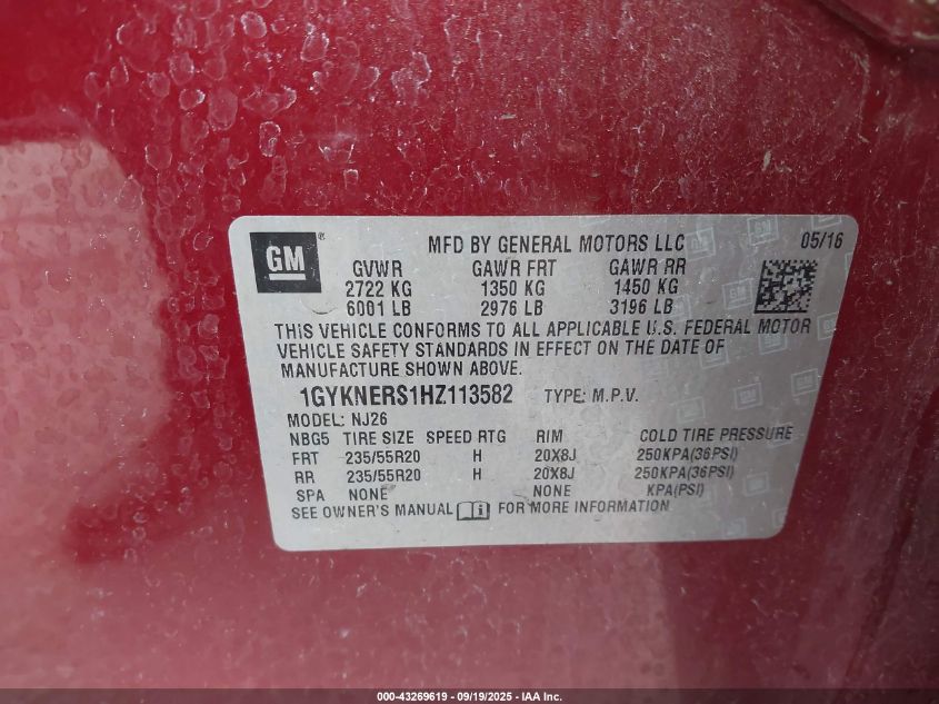 2017 Cadillac Xt5 Premium Luxury VIN: 1GYKNERS1HZ113582 Lot: 43269619