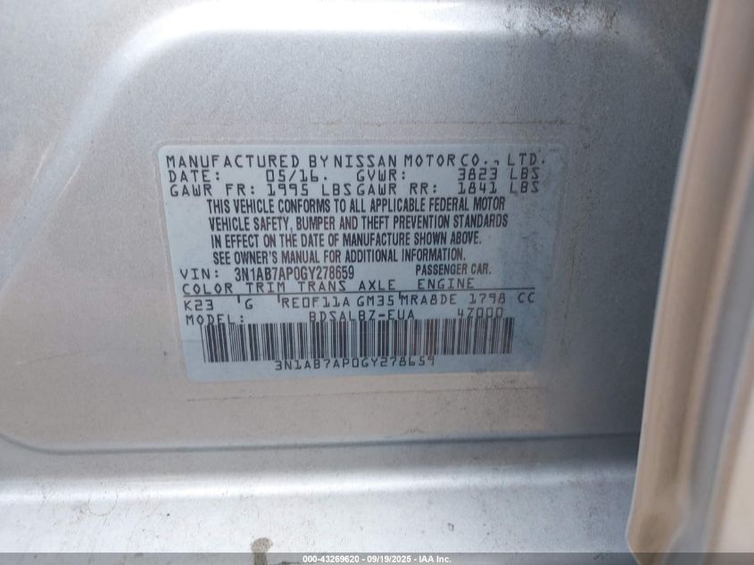 2016 Nissan Sentra Fe+ S/S/Sl/Sr/Sv VIN: 3N1AB7AP0GY278659 Lot: 43269620