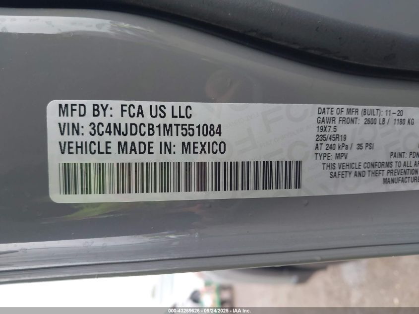 2021 Jeep Compass Limited 4X4 VIN: 3C4NJDCB1MT551084 Lot: 43269626