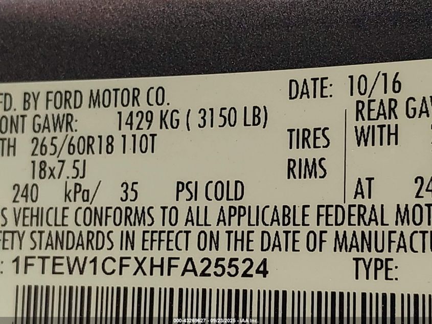 2017 Ford F-150 Xlt VIN: 1FTEW1CFXHFA25524 Lot: 43269627