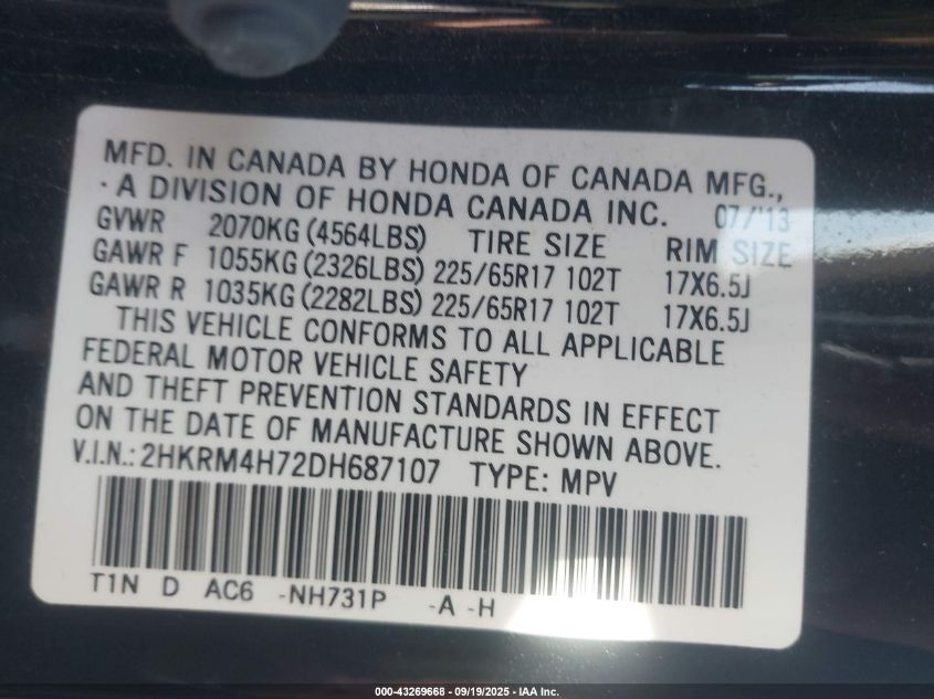 2013 Honda Cr-V Ex-L VIN: 2HKRM4H72DH687107 Lot: 43269668