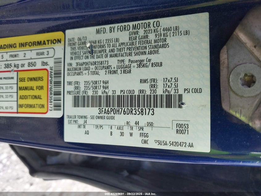 2013 Ford Fusion Se VIN: 3FA6P0H76DR358173 Lot: 43269691