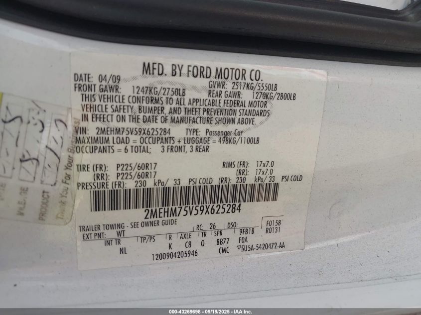 2009 Mercury Grand Marquis Ls (Fleet Only) VIN: 2MEHM75V59X625284 Lot: 43269698