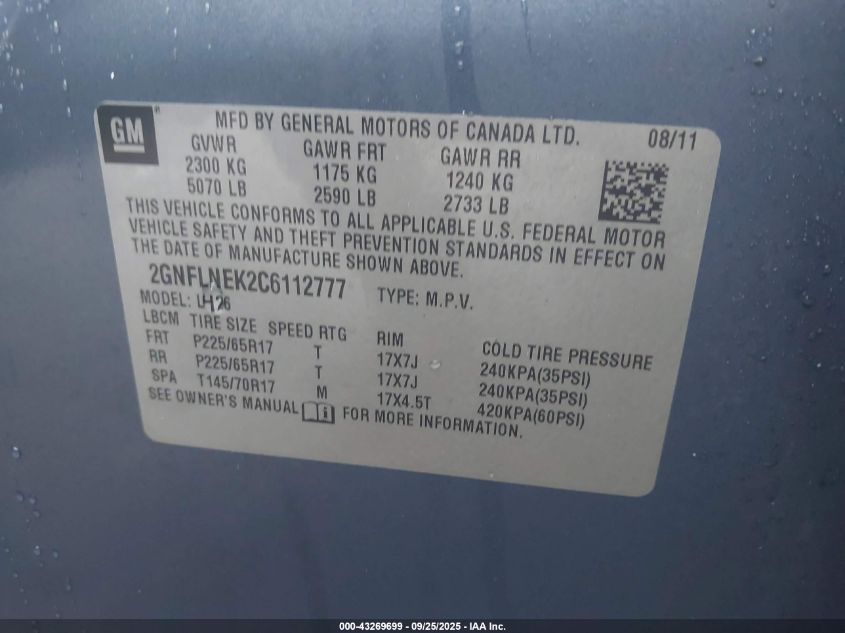 2012 Chevrolet Equinox 2Lt VIN: 2GNFLNEK2C6112777 Lot: 43269699