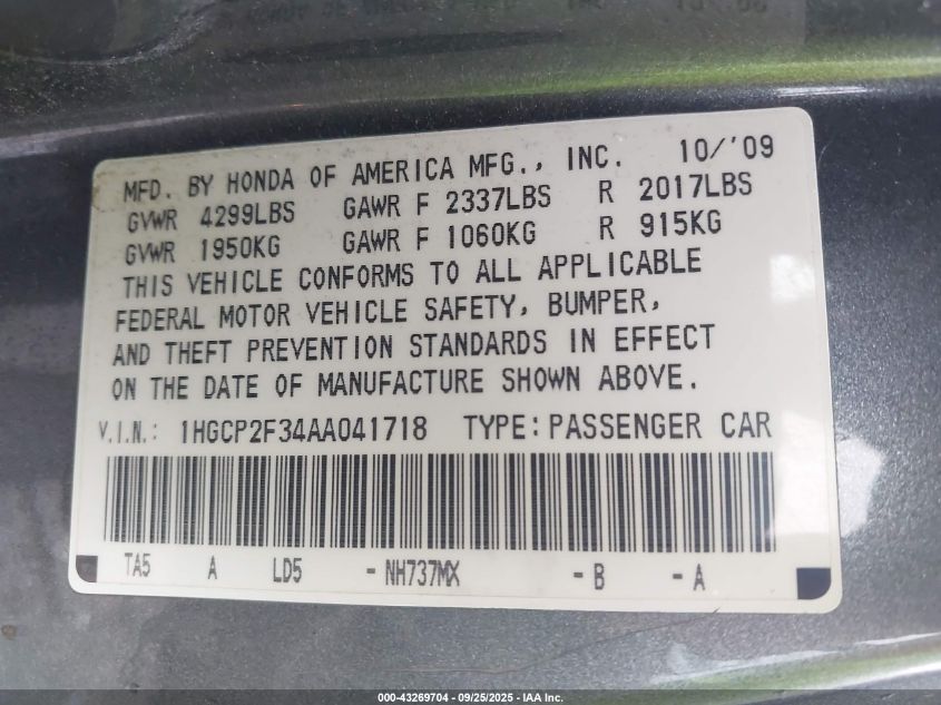 2010 Honda Accord 2.4 Lx VIN: 1HGCP2F34AA041718 Lot: 43269704
