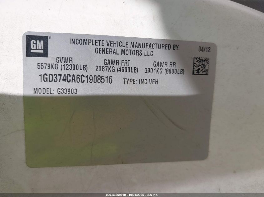 2012 GMC Savana Cutaway Work Van VIN: 1GD374CA6C1908516 Lot: 43269710