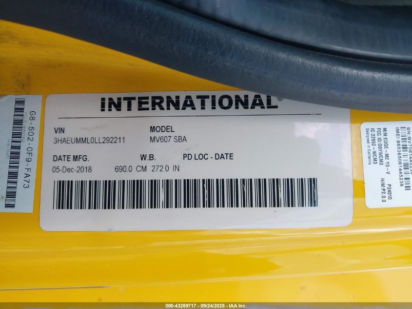 2020 International Mv VIN: 3HAEUMML0LL292211 Lot: 43269717