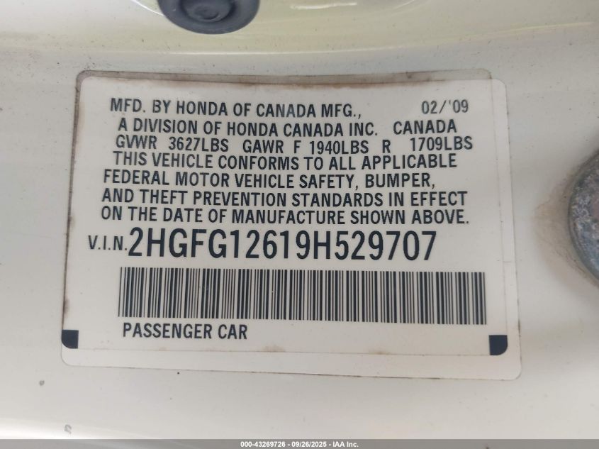 2009 Honda Civic Lx VIN: 2HGFG12619H529707 Lot: 43269726