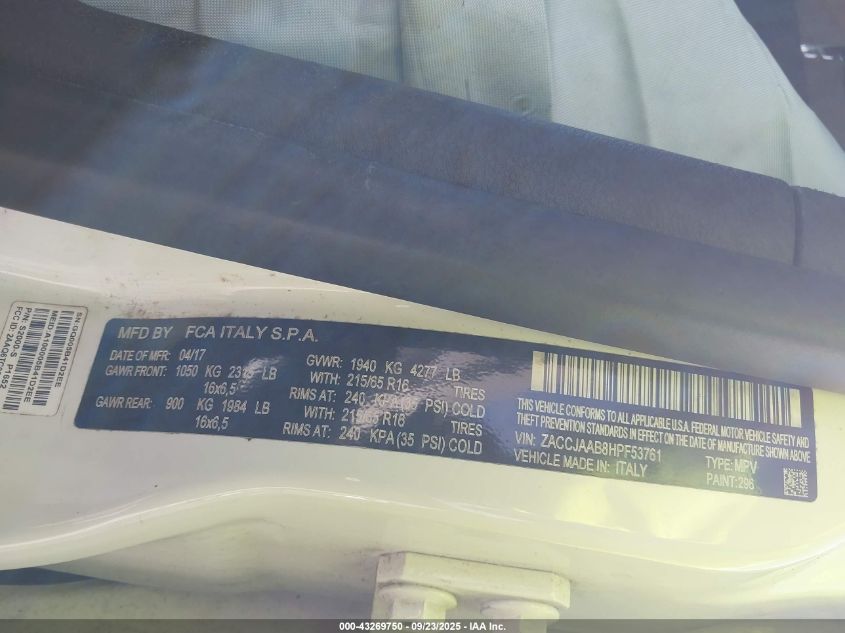 2017 Jeep Renegade Sport Fwd VIN: ZACCJAAB8HPF53761 Lot: 43269750