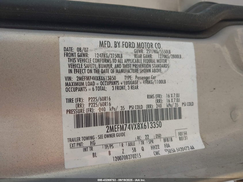 2008 Mercury Grand Marquis Gs VIN: 2MEFM74VX8X613350 Lot: 43269753