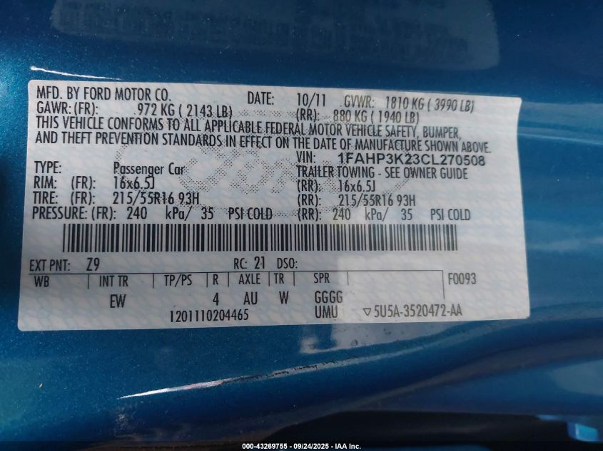 2012 Ford Focus Se VIN: 1FAHP3K23CL270508 Lot: 43269755