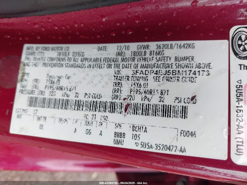 2011 Ford Fiesta Se VIN: 3FADP4EJ5BM174173 Lot: 43269765