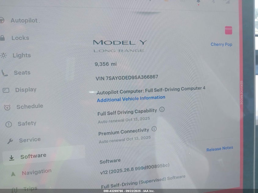 2025 Tesla Model Y Long Range Dual Motor All-Wheel Drive VIN: 7SAYGDED9SA366867 Lot: 43269766