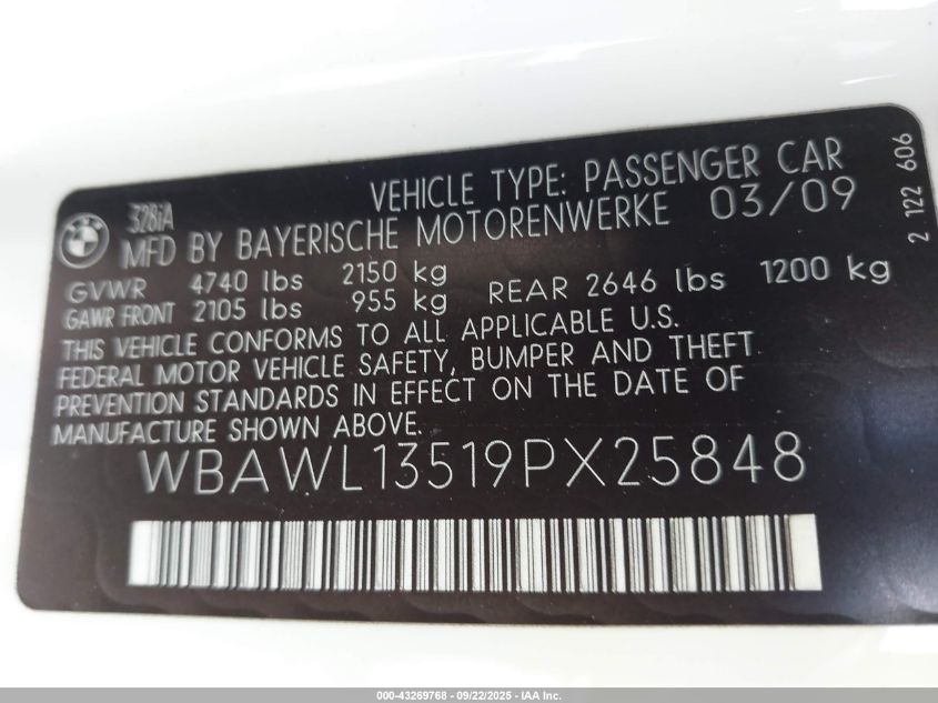 2009 BMW 328I VIN: WBAWL13519PX25848 Lot: 43269768