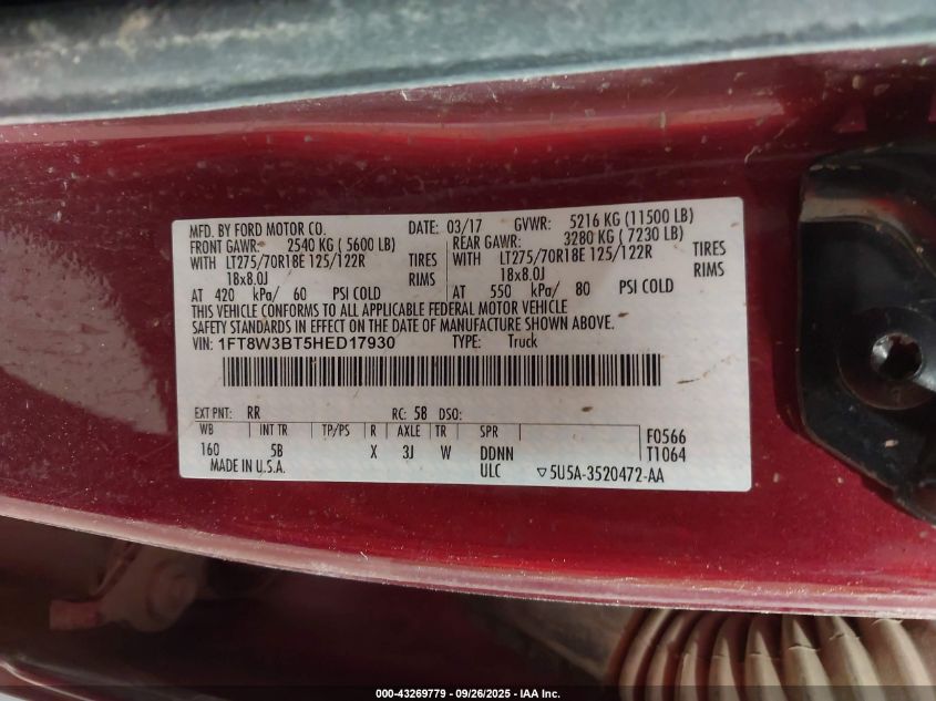2017 Ford F-350 Lariat VIN: 1FT8W3BT5HED17930 Lot: 43269779