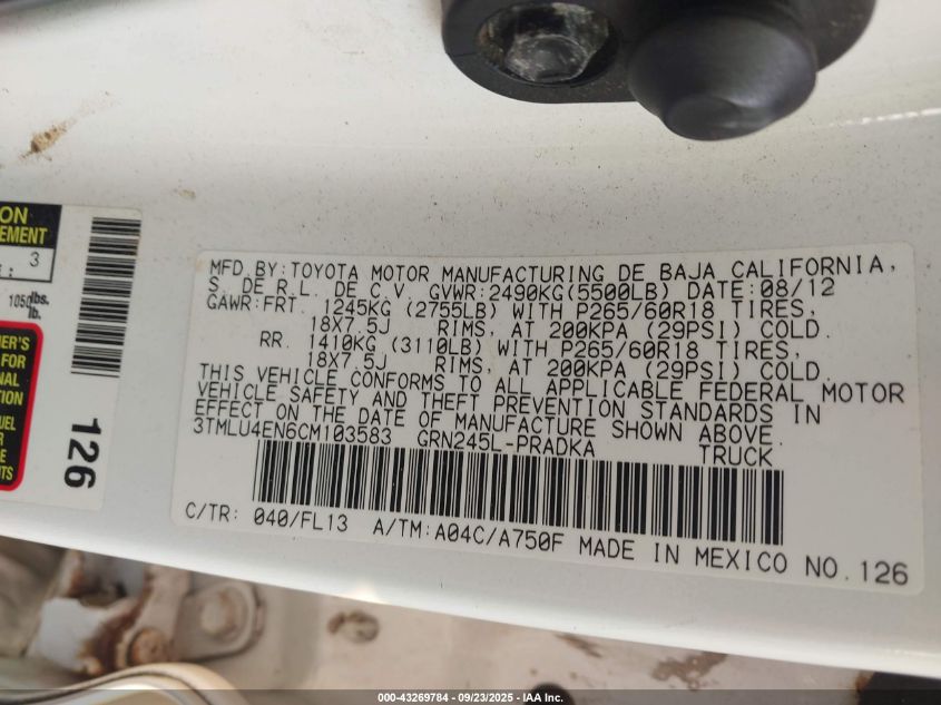 2012 Toyota Tacoma Base V6 VIN: 3TMLU4EN6CM103583 Lot: 43269784