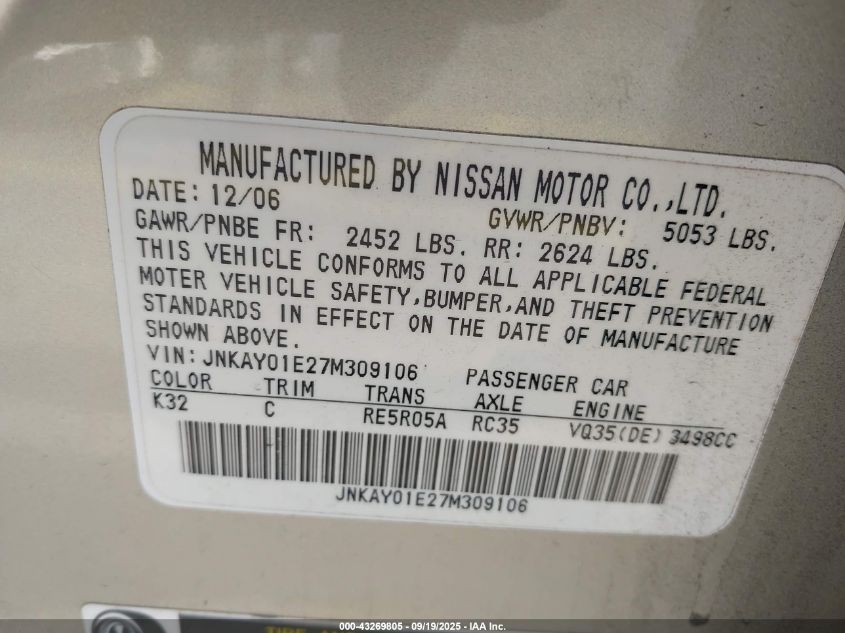 2007 Infiniti M35 VIN: JNKAY01E27M309106 Lot: 43269805