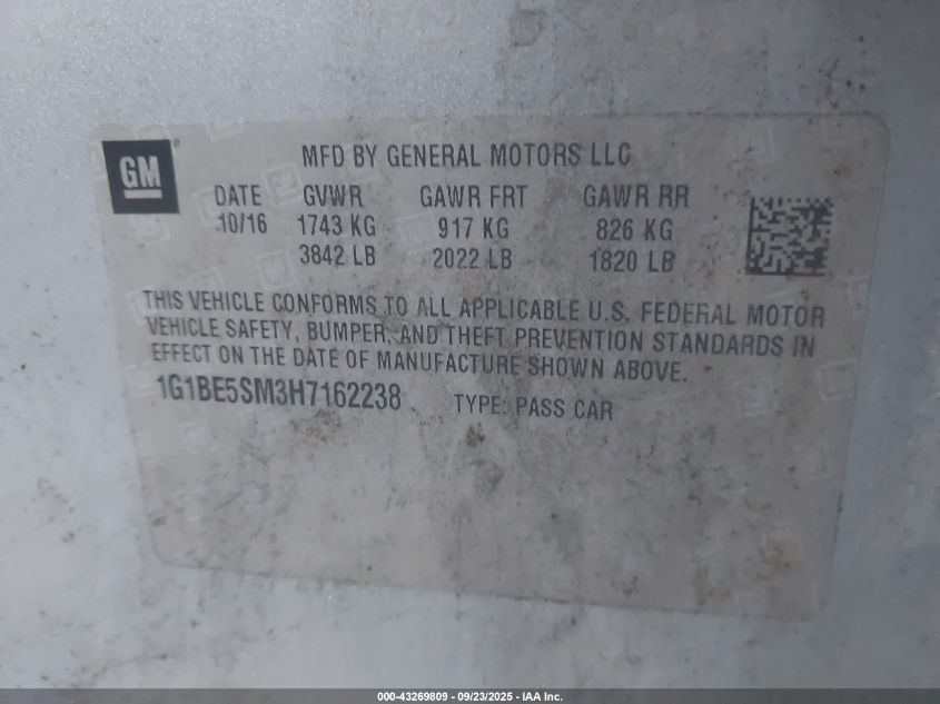 2017 Chevrolet Cruze Lt Auto VIN: 1G1BE5SM3H7162238 Lot: 43269809