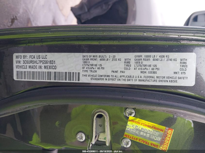 2023 Ram 2500 Tradesman 4X4 8' Box VIN: 3C6UR5HL7PG561831 Lot: 43269811