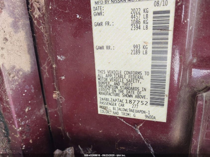 2010 Nissan Altima 3.5 Sr VIN: 1N4BL2AP7AC187752 Lot: 43269816