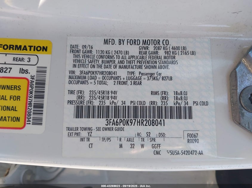 2017 Ford Fusion Titanium VIN: 3FA6P0K97HR208041 Lot: 43269823