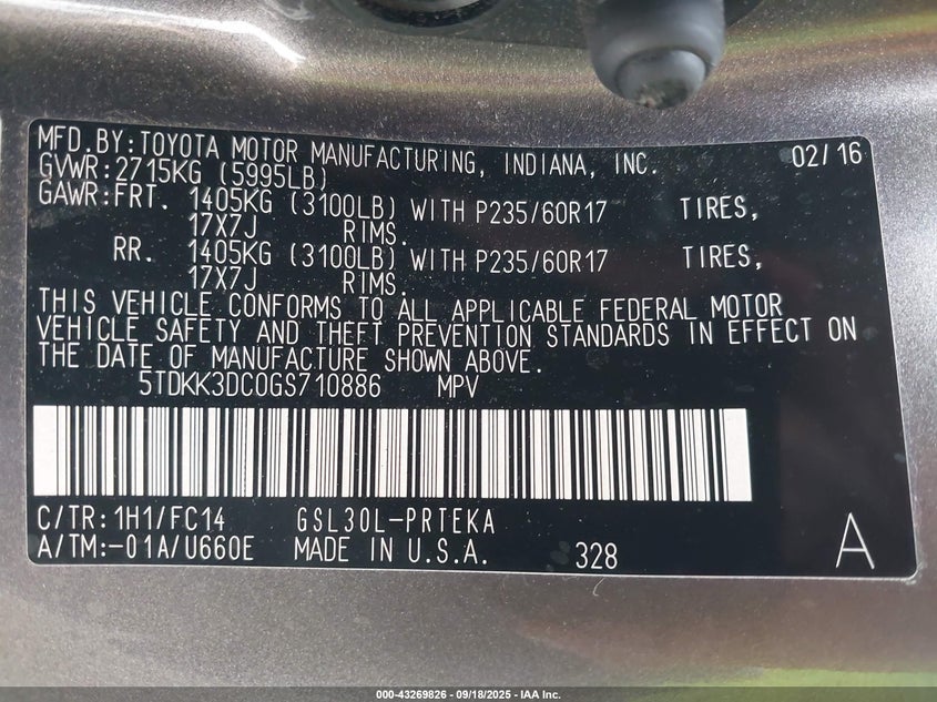 2016 Toyota Sienna Le 8 Passenger VIN: 5TDKK3DC0GS710886 Lot: 43269826