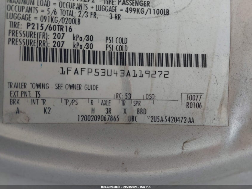 2003 Ford Taurus Se VIN: 1FAFP53U43A119272 Lot: 43269838