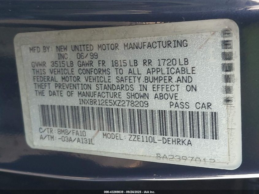 1999 Toyota Corolla Ve VIN: 1NXBR12E5XZ278209 Lot: 43269839