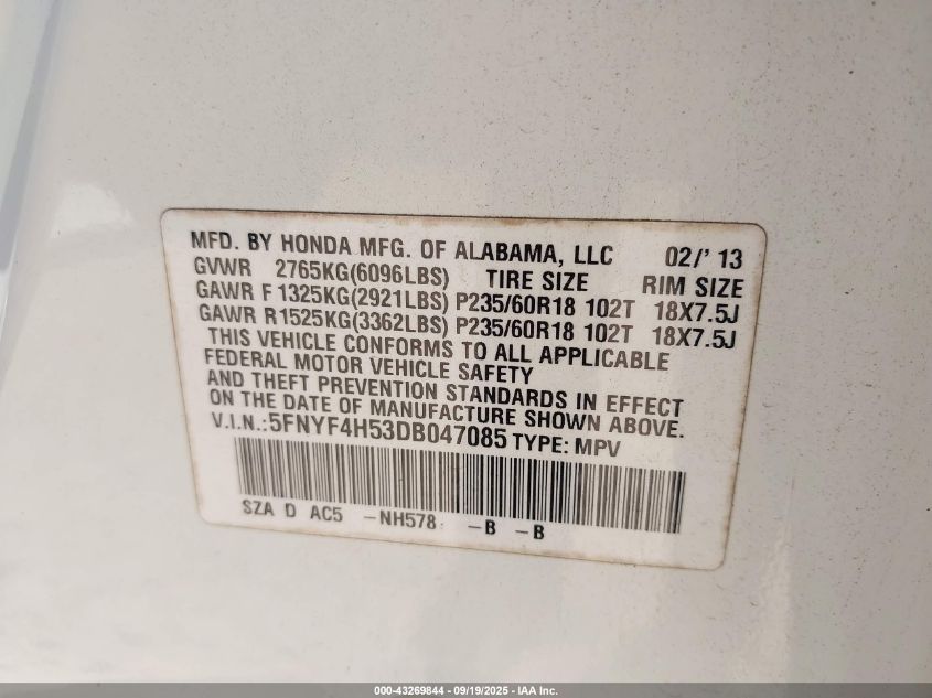 2013 Honda Pilot Ex-L VIN: 5FNYF4H53DB047085 Lot: 43269844