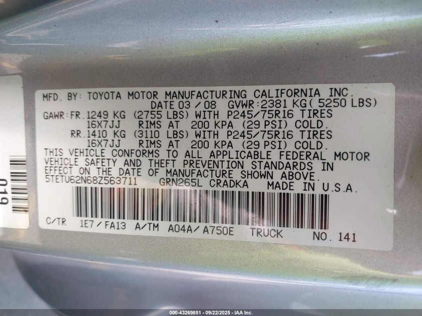 2008 Toyota Tacoma Prerunner V6 VIN: 5TETU62N68Z563711 Lot: 43269851