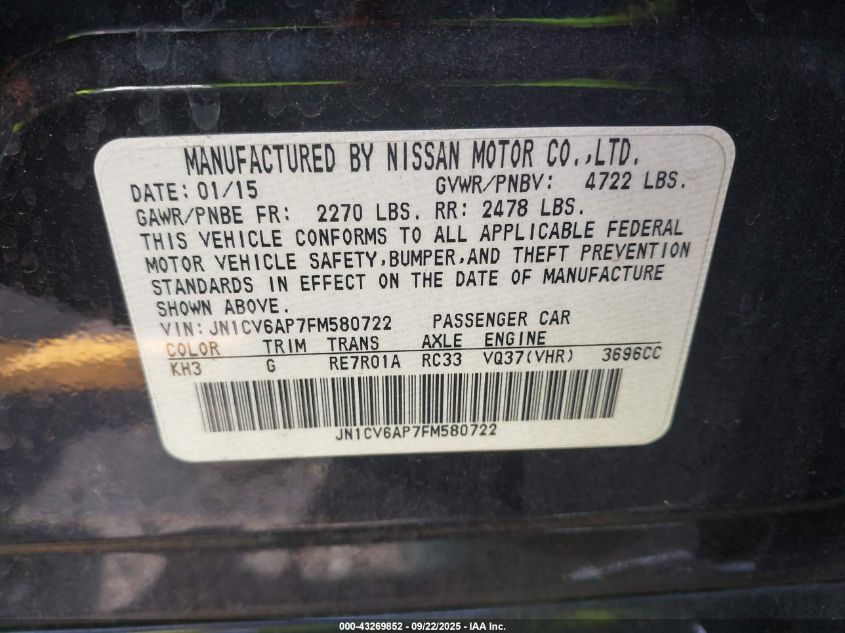 2015 Infiniti Q40 VIN: JN1CV6AP7FM580722 Lot: 43269852