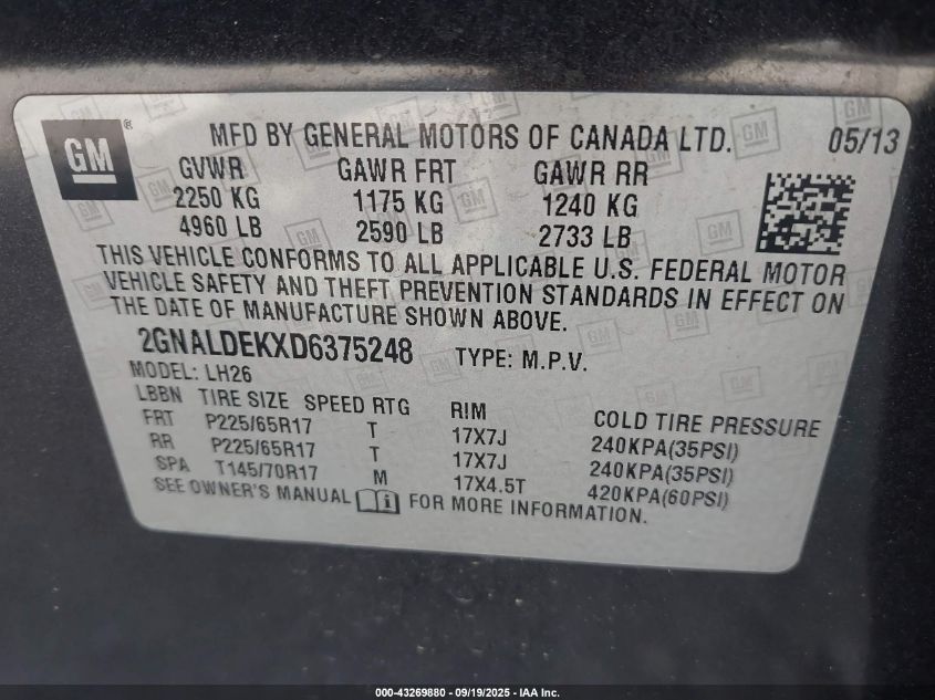 2013 Chevrolet Equinox 1Lt VIN: 2GNALDEKXD6375248 Lot: 43269880