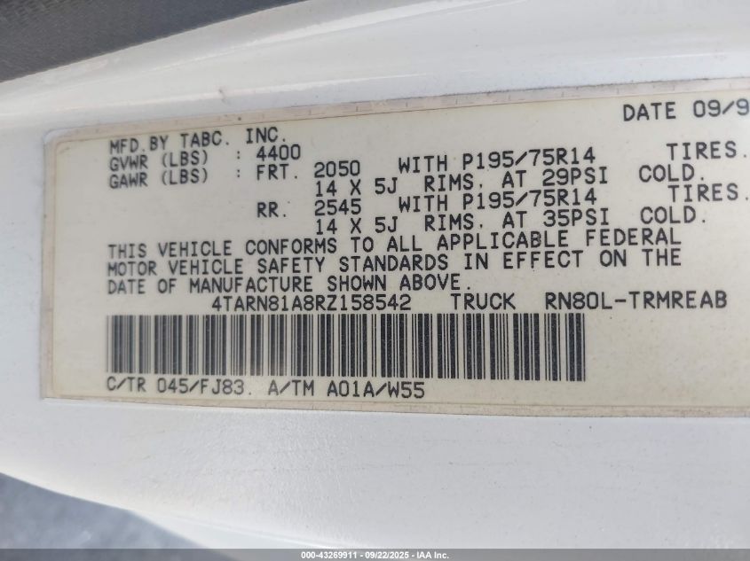 1994 Toyota Pickup 1/2 Ton Short Whlbase Stb VIN: 4TARN81A8RZ158542 Lot: 43269911