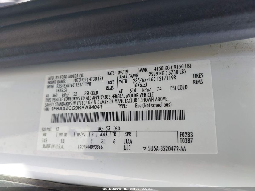2019 Ford Transit-350 Xlt VIN: 1FBAX2CG9KKA94041 Lot: 43269915