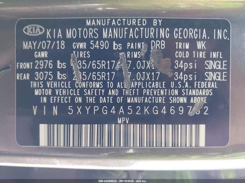 2019 Kia Sorento 3.3L Lx VIN: 5XYPG4A52KG469762 Lot: 43269922