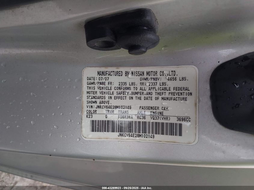 2008 Infiniti G37 Sport VIN: JNKCV64E28M102149 Lot: 43269923