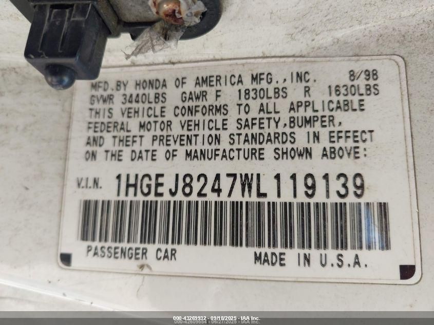 1998 Honda Civic Ex VIN: 1HGEJ8247WL119139 Lot: 43269932