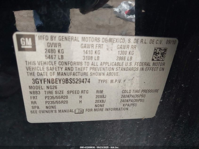 2011 Cadillac Srx Performance Collection VIN: 3GYFNBEY9BS529474 Lot: 43269936