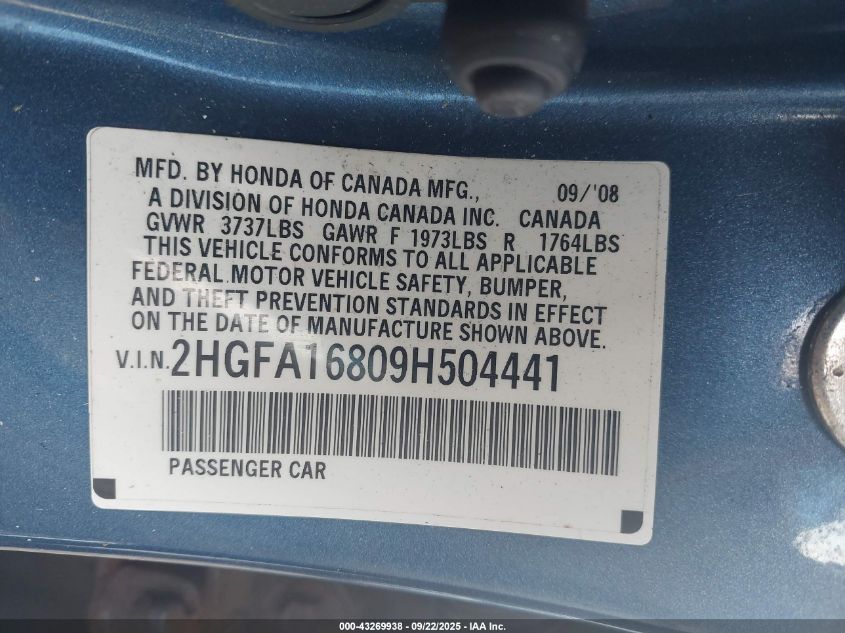 2009 Honda Civic Ex VIN: 2HGFA16809H504441 Lot: 43269938