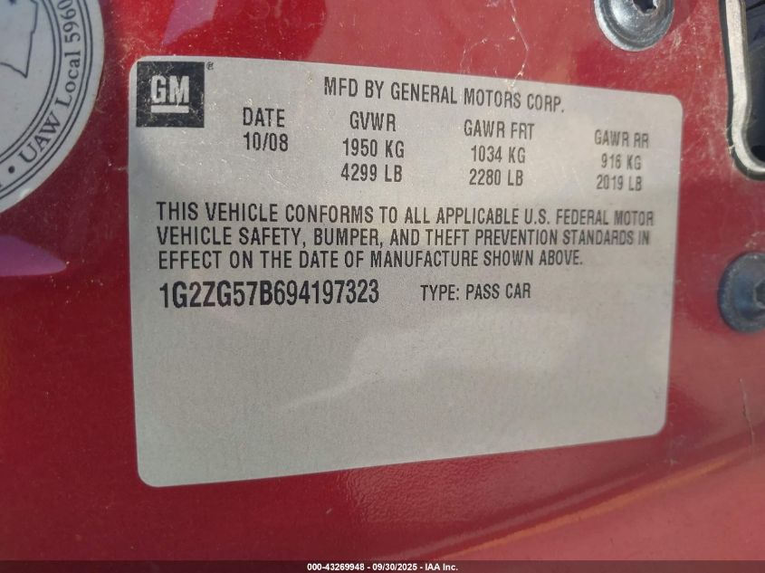 2009 Pontiac G6 VIN: 1G2ZG57B694197323 Lot: 43269948