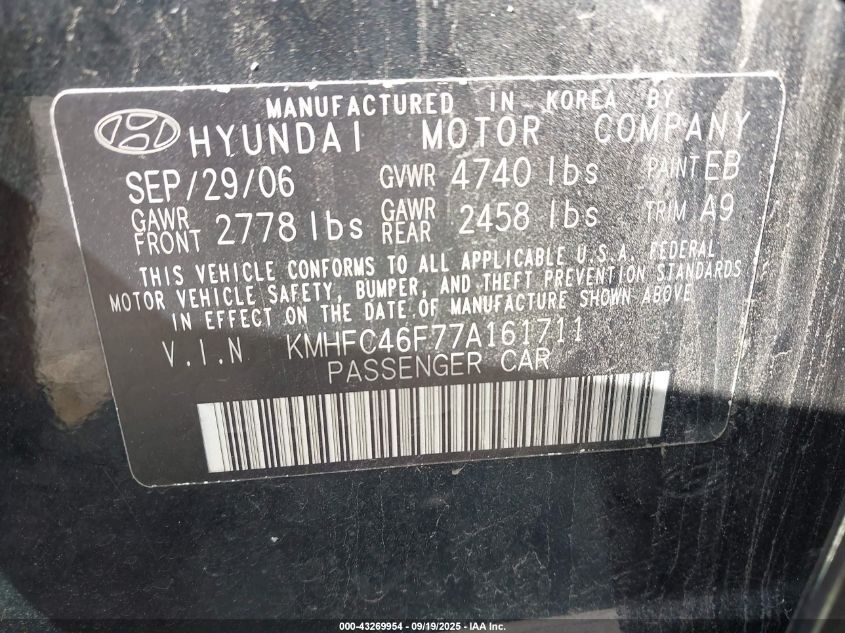2007 Hyundai Azera Limited/Se VIN: KMHFC46F77A161711 Lot: 43269954