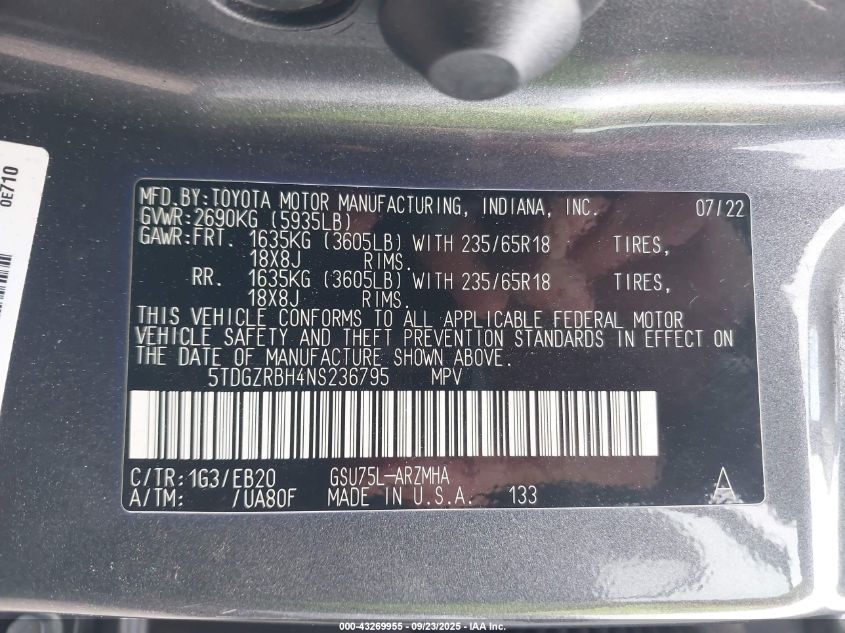 2022 Toyota Highlander Xle VIN: 5TDGZRBH4NS236795 Lot: 43269955