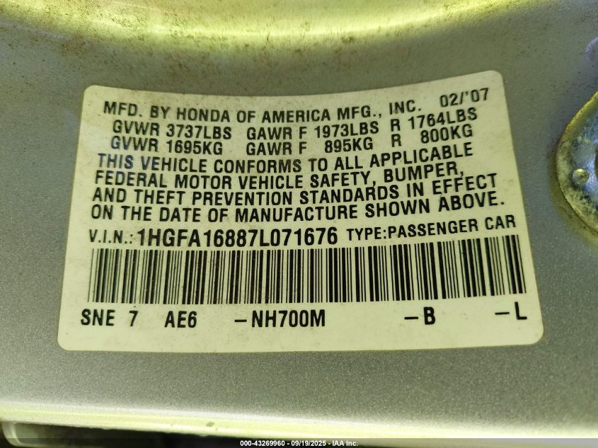 2007 Honda Civic Ex VIN: 1HGFA16887L071676 Lot: 43269960