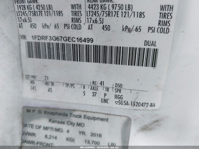 2016 Ford F-350 Chassis Xl VIN: 1FDRF3G67GEC16499 Lot: 43269962