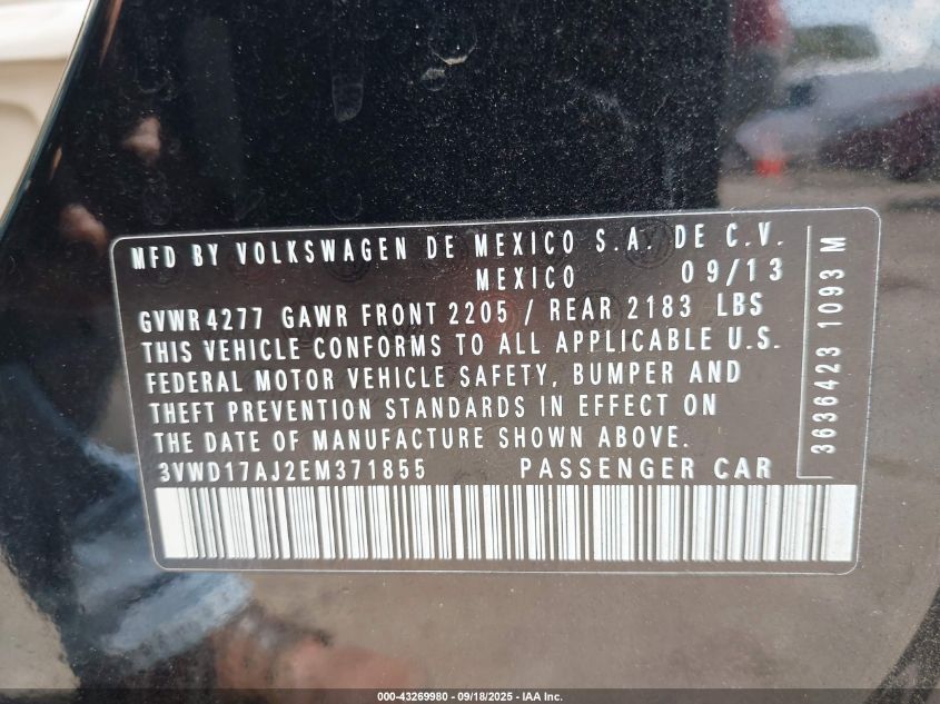 2014 Volkswagen Jetta 1.8T Se VIN: 3VWD17AJ2EM371855 Lot: 43269980