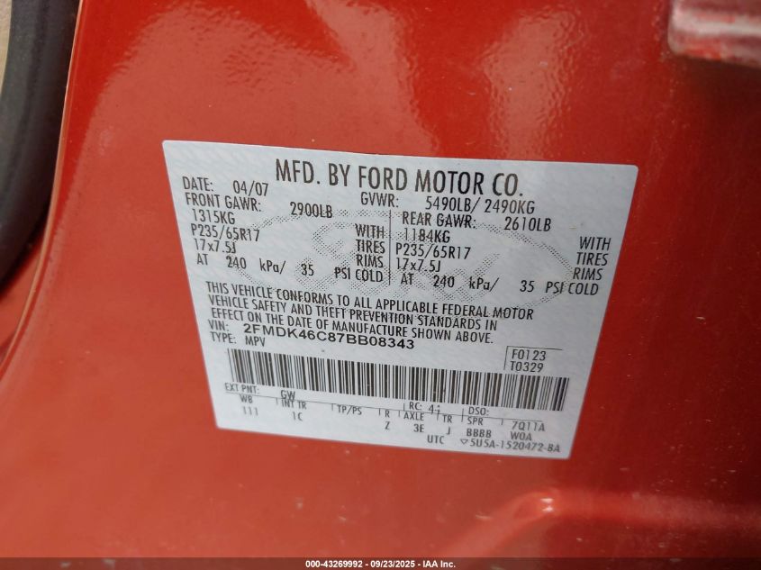 2007 Ford Edge Se VIN: 2FMDK46C87BB08343 Lot: 43269992