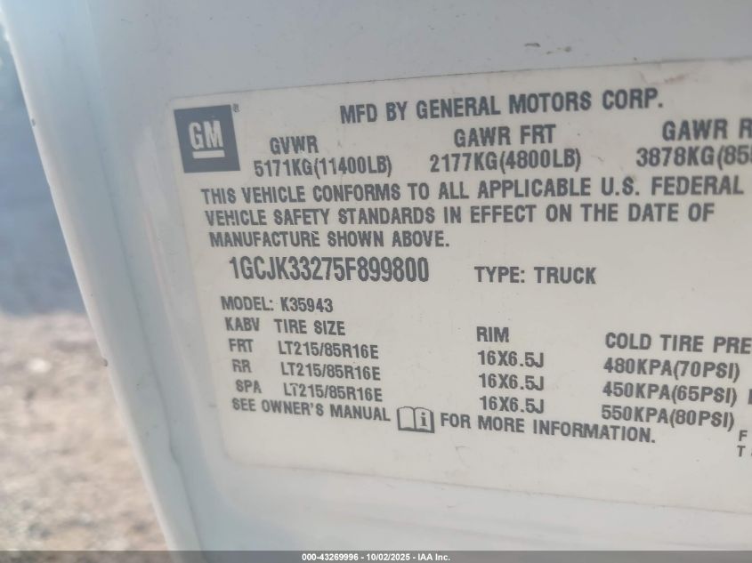 2005 Chevrolet Silverado 3500 Lt VIN: 1GCJK33275F899800 Lot: 43269996