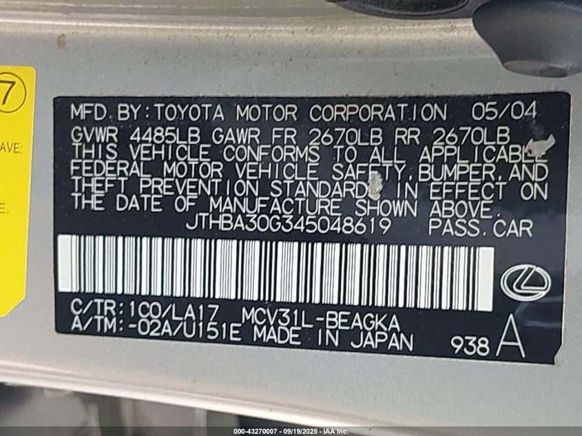 2004 Lexus Es 330 VIN: JTHBA30G345048619 Lot: 43270007