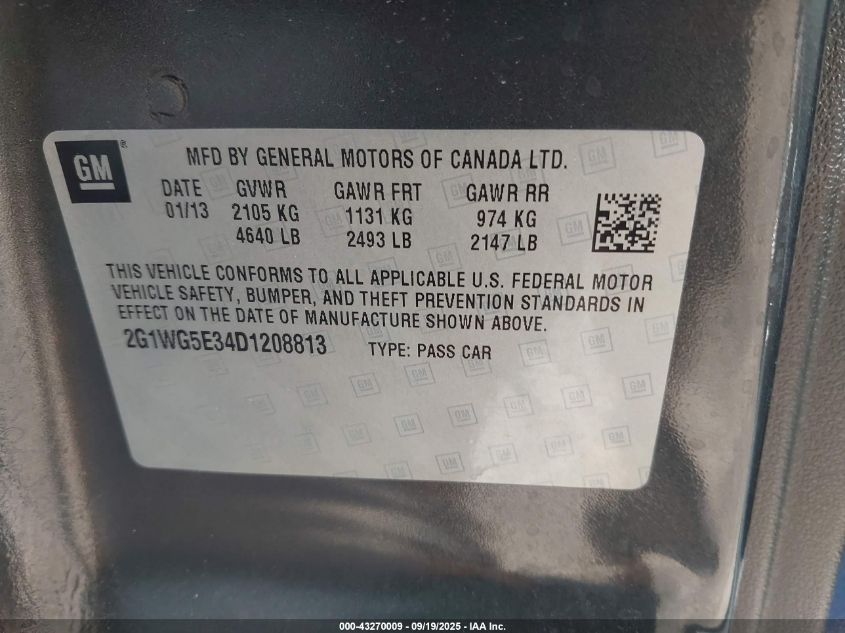 2013 Chevrolet Impala Lt VIN: 2G1WG5E34D1208813 Lot: 43270009
